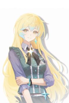 1girl blonde_hair breasts chawan_(a1982962436) chinese_commentary closed_mouth commentary_request cowboy_shot earrings green_vest hand_on_own_arm highres jewelry long_hair looking_at_viewer medium_breasts multicolored_hair original purple_shirt shirt simple_background smile solo star_(symbol) star_earrings streaked_hair vest white_background yellow_eyes