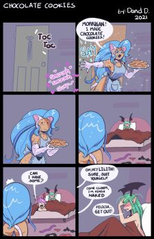 animal_ears apron ass bat_wings bed blue_eyes blue_hair blush bra capcom cat_ears cat_girl cat_tail caught cookie dand_axolotl darkstalkers demon_girl door fang fangs felicia_(darkstalkers) food green_hair head_wings highres holding holding_plate implied_after_sex implied_sex interrupted knocking lilith_(darkstalkers) morrigan_aensland naked_apron nude panties plate purple_hair sparkle sweat tail under_covers underwear unworn_bra unworn_clothes unworn_panties walk-in wings yuri