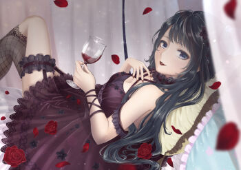 1girl absurdres alcohol asymmetrical_legwear beads black_choker black_flower black_hair black_socks black_thighhighs blue_eyes breasts choker cleavage commentary_request criss-cross_halter cup curtains dress drink drinking_glass falling_petals feet_out_of_frame fishnet_kneehighs fishnet_thighhighs fishnets flower frilled_dress frilled_thigh_strap frills hair_beads hair_flower hair_ornament hair_spread_out halterneck hand_on_own_chest happy highres holding holding_drink kneehighs knees_up lace lace-trimmed_dress lace-trimmed_socks lace-trimmed_thighhighs lace_trim light_blush lilith_(shining_nikki) lipstick long_hair lying makeup mascara momota_sakura nail_polish nikki_(series) on_back on_bed parted_lips petals pillow pleated_dress pointy_nose print_dress purple_dress red_flower red_lips red_nails red_rose rose rose_petals shining_nikki single_kneehigh single_sock single_thighhigh sleeveless sleeveless_dress smile socks solo star_(symbol) star_print thigh_strap thighhighs very_long_hair wine wine_glass