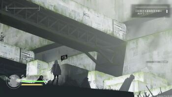 1girl absurdres black_pants boots commentary_request from_behind health_bar highres jacket kani_etizen03 knee_pads long_hair original pants ruins scenery shadow solo user_interface white_hair