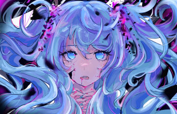 1girl akari_(akariimia) aqua_nails black_background blood blood_drip blood_from_mouth blood_on_face blood_on_hands blue_eyes blue_hair broken cracked_skin eyelashes floating_hair frown ghost_rule_(vocaloid) hair_between_eyes hair_half_undone hair_ornament hatsune_miku highres interlocked_fingers long_hair nail_polish open_mouth own_hands_together pink_blood portrait praying shards solo teeth upper_teeth_only very_long_hair vocaloid