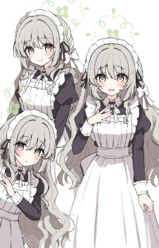 1girl alternate_costume apron back_bow black_dress black_ribbon blue_archive blush bow closed_mouth collared_dress commentary contrast_collar dress embarrassed frilled_apron frills green_halo grey_hair hair_bow hair_ribbon halo hand_on_own_chest highres juliet_sleeves long_hair long_sleeves looking_at_viewer maid maid_apron maid_headdress miyo_(blue_archive) multiple_views neck_ribbon open_mouth parted_lips peeking_out polka_dot puffy_sleeves raised_eyebrows ribbon sateto_(user_knrf2332) simple_background sleeve_cuffs smile straight-on sweat white_apron white_background white_bow white_headdress white_ribbon yellow_eyes