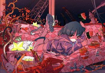 1girl bag bendy_straw blue_hair book burger cable can candy candy_cane couch crane_(machine) cup disposable_cup drink_can drinking_straw food french_fries fruit handheld_game_console highres jacket lying microphone on_couch on_stomach original paper_bag plant praying_mantis print_jacket rubber_chicken shoes sky solo star_(sky) star_(symbol) starry_sky sushio the_pose thighhighs water_gun watermelon watermelon_slice white_thighhighs window