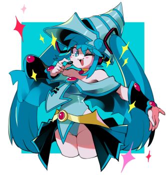 1girl aqua_eyes aqua_hair aqua_nails bare_shoulders blue_hat blush_stickers cosplay cowboy_shot dark_magician_girl dark_magician_girl_(cosplay) detached_sleeves dizzyspells duel_monster fang hat hatsune_miku headphones headset highres jewelry long_hair looking_at_viewer one_eye_closed open_mouth showgirl_skirt skirt smile solo twintails very_long_hair vocaloid wizard_hat yu-gi-oh!