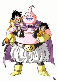 1girl 2boys alien baggy_pants belt black_belt black_hair boots cape carrying carrying_person character_request closed_eyes colored_skin dragon_ball fat fat_buu full_body gloves highres kakeru_(dbskakeru) looking_at_viewer majin_buu multiple_boys open_mouth orange_pants orange_shirt pants pink_skin purple_cape shirt short_hair simple_background sleeveless sleeveless_shirt toriyama_akira_(style) v white_background white_pants yellow_boots yellow_gloves