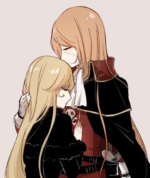 Rule 34 | 1970s (style), 2girls, ascot, belt, black cape, black dress, blonde hair, bone, bone hair ornament, cape, closed eyes, closed mouth, commentary request, dress, emeraldas, ginga tetsudou 999, gloves, hair ornament, hand on another's chest, harlock saga, high collar, highres, hug, jolly roger, koto (shiberia39), long hair, maetel, multiple girls, oldschool, orange hair, pirate, queen emeraldas, red dress, red shirt, retro artstyle, scabbard, scar, scar on face, science fiction, serious, sheath, shirt, siblings, simple background, sisters, skull and crossbones, skull hair ornament, spacecraft, sword, tearing up, twitter username, very long hair, weapon, white ascot, white gloves