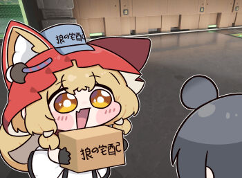 Rule 34 | animal ears, arknights, arknights: endfield, beleullin, black gloves, blonde hair, cape, chibi, chibi only, commentary request, dress, ears through headwear, fang, gloves, highres, holding, hood, hood up, hooded cape, korean commentary, red cape, rossi (arknights), solo focus, tail, translation request, white dress, wolf ears, wolf girl, wolf tail, yellow eyes