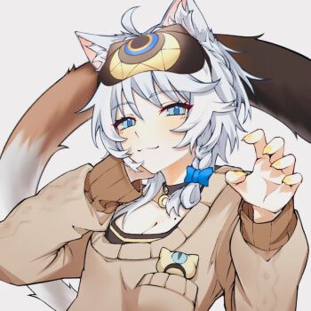 1girl :3 ahoge animal_ear_fluff animal_ears blue_bow blue_eyes bow braid breasts cat_ears cat_girl cat_tail choker cipher_(honkai:_star_rail) cipher_(sweet_slumber)_(honkai:_star_rail) cleavage commentary grey_hair honkai:_star_rail honkai_(series) looking_at_viewer mole mole_on_breast nail_polish official_alternate_costume puyopuyo_10 sleep_mask sleepwear sweater tail upper_body white_background