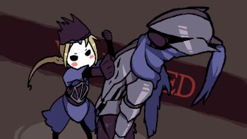 1boy 1girl animated animated_gif armor artorias_the_abysswalker baconpal black_gloves blonde_hair blue_cape blue_tunic breastplate brown_background cape cowboy_shot dark_souls_(series) dark_souls_i full_armor gloves helmet long_hair looping_animation lord&#039;s_blade_ciaran masked meme pauldrons poka_poka_(meme) seitokai_yakuindomo shoulder_armor tunic you_died