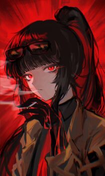 1girl absurdres black_gloves black_hair black_shirt cigarette coat collared_shirt contempt_awe_(e.g.o) e.g.o_(project_moon) eyewear_on_head gloves hashtag-only_commentary high_ponytail highres holding holding_cigarette iur5021 limbus_company long_hair n_corp._e.g.o_(identity)_(project_moon) necktie open_clothes open_coat ponytail project_moon red_eyes red_necktie ryoshu_(project_moon) shirt smoke smoking solo sunglasses upper_body yellow_coat