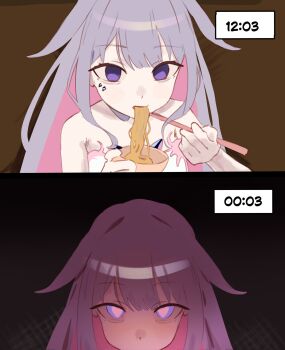1girl chopsticks cinna_hds colored_inner_hair eating food grey_hair heart heart-shaped_pupils highres holding holding_chopsticks hololive hololive_english implied_fellatio jewel_under_eye koseki_bijou long_hair looking_at_viewer multicolored_hair noodles out-of-frame_censoring pink_hair purple_eyes ramen solo symbol-shaped_pupils timestamp virtual_youtuber