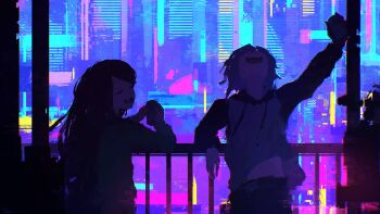 2girls absurdres arm_up can closed_eyes commentary dana_zane english_commentary glitch hair_down highres holding holding_can hood hoodie jill_stingray long_hair long_sleeves midriff multiple_girls open_mouth railing rnna short_hair teeth upper_teeth_only va-11_hall-a