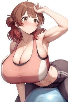 1girl abs alternate_breast_size_(larger) armpits ass ball biceps black_pants blush breasts brown_hair brown_sports_bra chinese_commentary cleavage collarbone commentary english_commentary exercise_ball gakuen_idolmaster gradient_hair hair_bun hanami_ume highres huge_breasts idolmaster kannko_bokujou looking_to_the_side medium_hair mixed-language_commentary multicolored_hair multilingual_commentary muscular muscular_female pants parted_lips red_hair simple_background single_hair_bun sitting solo sports_bra sportswear sweat white_background yoga_pants