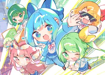 6+girls :d alternate_costume animal_ears antennae bird_ears blonde_hair blue_bow blue_eyes blue_jacket blue_pants blue_skirt blush bow brown_shoes ceiling chalkboard cirno clenched_hand closed_eyes commentary_request daiyousei fairy_wings fangs green_eyes green_hair hair_bow hair_ornament hand_up hood hoodie iosys jacket komeiji_koishi light_rays medium_hair mikako_chan3 multiple_girls mystia_lorelei one_eye_closed open_mouth outstretched_hand pants pink_hair pink_hoodie pleated_skirt pointer red_ribbon ribbon rumia school_uniform shirt shoes short_hair skirt smile sparkling_eyes sunglasses sweatpants team_9_(touhou) third_eye touhou white_shirt wing_hair_ornament wings wriggle_nightbug