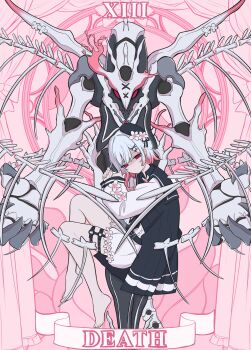 1girl 4k_(4kmuteki) barefoot beret black_dress black_hat card_(medium) cherry_blossoms closed_mouth commentary_request death_(tarot) dress empty_eyes flower full_body gradient_hair hair_ornament hat hat_flower highres long_sleeves looking_at_viewer magical_girl mahou_shoujo_no_majo_saiban monster multicolored_hair pink_background pink_eyes pink_hair sakuraba_ema shaded_face short_hair shorts skeletal_wings solo spoilers tarot tarot_(medium) white_flower white_hair white_shorts wings x_hair_ornament