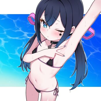 1girl absurdres armpits bikini black_bikini blue_eyes blush commission flat_chest highres indie_virtual_youtuber loli long_hair mugen_mochi navel one_eye_closed pixiv_commission presenting_armpit side-tie_bikini_bottom solo swimsuit twintails virtual_youtuber zing_(z_z_zing)