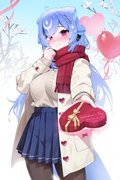 1girl alternate_costume balloon bao_the_whale black_pantyhose blue_hair blue_skirt box cetacean_tail closed_mouth fins fish_tail heart-shaped_box heart_balloon highres holding holding_box indie_virtual_youtuber long_hair looking_at_viewer pantyhose red_eyes red_scarf scarf shirt skirt solo stealcoffins tail virtual_youtuber whale_girl white_shirt