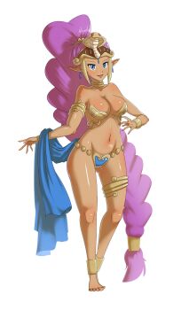 1girl bikini blue_eyes breasts dancer_shantae dark-skinned_female dark_skin earrings highres jewelry large_breasts long_hair looking_at_viewer multi-tied_hair pointy_ears purple_hair ruru_(sonicboom30813) shantae shantae_(series) shantae_and_the_pirate's_curse shiny_skin swimsuit very_long_hair white_background