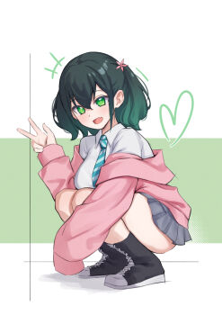 1girl bad_girl_(manga) blush breasts fang flower full_body green_eyes green_hair grey_skirt hair_flower hair_ornament highres kangbus large_breasts looking_at_viewer miniskirt necktie open_mouth pleated_skirt ruriha_rura school_uniform short_hair simple_background skirt smile solo w