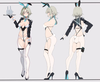 1girl absurdres alternate_costume animal_ears aqua_eyes ass axsena black_gloves blue_necktie blush borrowed_character bottle breasts closed_mouth commentary_request commission crotchless crotchless_pantyhose fake_animal_ears fake_tail full_body gloves grey_background grey_hair half_gloves hand_on_own_hip high_heels highres holding holding_tray large_breasts long_sleeves looking_at_viewer maruyaa_(malya1006) medium_breasts medium_hair multiple_views necktie original pantyhose playboy_bunny rabbit_ears rabbit_tail reference_sheet reverse_outfit shrug_(clothing) simple_background skeb_commission standing tail thigh_strap tray white_pantyhose