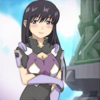 1girl armor black_bodysuit black_hair blush bodysuit breasts cleavage cleavage_cutout clothing_cutout cloud fingerless_gloves gloves holding_own_arm long_hair medium_breasts misaki_shizuno purple_armor purple_eyes purple_gloves sky smile standing t_jiroo_(ringofriend) zegapain