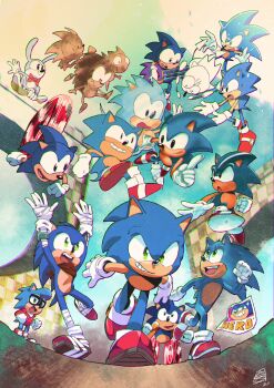6+boys a_r_q absurdres adventures_of_sonic_the_hedgehog animal_ears anniversary arms_up bad_id bad_twitter_id bandages blue_fur chromatic_aberration furry furry_male glasses gloves green_eyes green_hill_zone grin hedgehog highres looking_at_viewer male_focus multiple_boys multiple_persona open_mouth prototype_design rabbit rabbit_ears red_footwear ring_(sonic) running signature smile sonic_(live_action) sonic_(series) sonic_boom_(series) sonic_mania sonic_mania_adventures sonic_the_comic sonic_the_hedgehog sonic_the_hedgehog_(beta_design) sonic_the_hedgehog_(classic) sonic_the_hedgehog_(movie) sonic_the_hedgehog_(manga) sonic_the_hedgehog_(movie) sonic_the_hedgehog_(ova) sonic_the_hedgehog_(satam) sonic_underground sonic_x teeth white_gloves