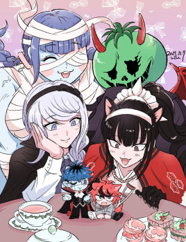 2boys 4girls ^_^ ahoge animal_ears artist_name ascot bandage_over_one_eye bandaged_arm bandaged_chest bandaged_head bandages black_cape black_eyes black_gloves black_hair black_hairband black_pants black_streaks black_vest blue_eyes blue_hair blue_skin braid cape cast cat_ears cat_girl chibi claws closed_eyes collar colored_skin commentary_request crutch cup dated demon_girl demon_horns demon_wings dog_boy dog_ears dog_tail dougi earrings eye_print eyepatch face_piercing fangs food gem gloves grey_hair hairband hand_on_own_face highres holding holding_leash horns jewelry kemonomimi_mode kirifuji_nozomi labret_piercing leash leg_cast long_hair macaron magadori_kyoshika mask mojiro_moko multicolored_hair multiple_boys multiple_girls mummy neck_ribbon omokage_yugamu oosuzuki_kurara open_mouth pants piercing ponytail print_eyepatch purple_eyes purple_hair red_cape red_collar red_gemstone red_hair ribbon ringed_eyes sandwich shirt short_hair smile streaked_hair sumino_takumi table tail tea teacup the_hundred_line_-last_defense_academy- two-tone_hair uzu_(uzusio55) vampire vest white_ascot white_hairband white_shirt wings