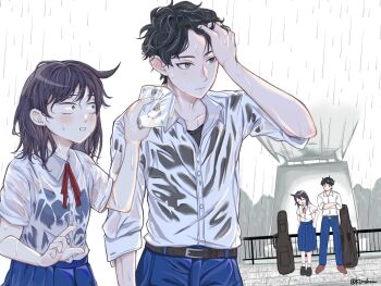 1boy 1girl belt bien_(k2nshow) bird black_belt black_hair blue_camisole blue_pants blue_skirt blush camisole closed_mouth collared_shirt commentary_request crossed_arms dress_shirt futsuu_no_keion-bu grey_eyes guitar_case handkerchief hatono_chihiro highres holding holding_handkerchief instrument_case mizuo_haruichi neck_ribbon outdoors overpass pants parted_lips pigeon pleated_skirt railing rain red_ribbon ribbon school_uniform see-through_clothes see-through_shirt shirt shirt_tucked_in short_hair short_sleeves skirt summer_uniform twitter_username undershirt wet wet_clothes wet_shirt white_shirt wing_collar