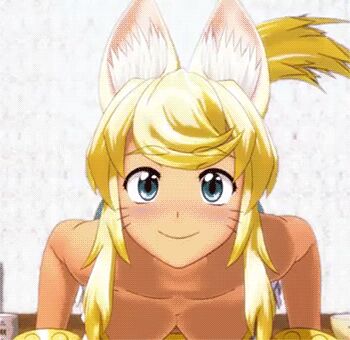 1girl 3d animal_ears animated animated_gif blonde_hair blue_eyes blush bouncing_breasts breasts cleavage dark-skinned_female dark_skin extra_ears female_focus large_breasts liru lowres myu_ranran o-ring o-ring_top one_eye_closed renkin_san-kyuu_magical_pokaan short_shorts shorts smile solo tail thumbs_up wink winking_(animated) wolf_ears wolf_tail