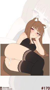 1girl after_vaginal aftersex animal_ears black_dress black_thighhighs blush bottomless breasts brown_hair cleavage commentary cum cum_in_pussy dress english_commentary fang highres holo likunea long_hair looking_at_viewer medium_breasts on_table patreon_logo patreon_username simple_background solo spice_and_wolf table tail thighhighs twitter_username twitter_x_logo wolf_ears wolf_girl wolf_tail zoom_layer