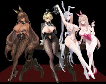 4girls ade_(agent_bunny)_(nikke) ade_(nikke) alternate_costume animal_ear_hairband animal_ears armpits arms_up bare_shoulders black_bow black_bowtie black_leotard black_necktie black_shrug blonde_hair bow bowtie braid braided_base breasts brown_hair bun_with_braided_base cinderella_(nikke) cleavage clothing_cutout clover_hair_ornament collar covered_groin covered_navel dark-skinned_female dark_skin detached_collar elbow_gloves fake_animal_ears fishnet_pantyhose fishnets four-leaf_clover_hair_ornament full_body gloves goddess_of_victory:_nikke green_eyes hair_between_eyes hair_bun hair_ornament hair_over_one_eye hairband headset high_heels highleg highleg_leotard highres holding holding_shoes holding_unworn_clothes large_breasts leaning_on_table leotard long_hair looking_at_viewer meltyrice multiple_girls navel_cutout necktie noir_(nikke) official_alternate_costume pantyhose pink_bow pink_bowtie playboy_bunny rabbit_ear_hairband rabbit_ears red_eyes see-through_clothes see-through_leotard shoes shrug_(clothing) sidelocks skindentation strapless strapless_leotard table thighhighs twintails unworn_shoes very_long_hair viper_(nikke) viper_(toxic_rabbit)_(nikke) white_pantyhose white_thighhighs wrist_cuffs yellow_eyes