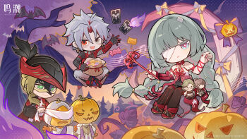 1girl 2boys 4others :d absurdres bag bandage_over_one_eye bandaged_arm bandages bare_shoulders beamed_eighth_notes black_pantyhose black_skirt blonde_hair braid candy card chibi chibi_only closed_mouth colored_inner_hair cristoforo_(wuthering_waves) dress eye_mask flower food green_eyes grey_eyes grey_hair halter_dress halterneck hat heterochromia highres holding holding_bag holding_flower jack-o&#039;-lantern logo low_twin_braids mask multicolored_hair multiple_boys multiple_others musical_note official_art open_mouth pantyhose phrolova_(wuthering_waves) red_dress red_eyes scar_(wuthering_waves) skirt smile spider_lily tacet_mark_(wuthering_waves) tricorne twin_braids wuthering_waves