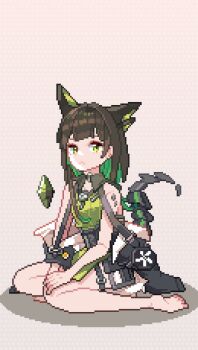 1girl animal_ears arknights bare_shoulders belt black_jacket brown_hair cat_ears colored_inner_hair commentary crystal_tail dress english_commentary gamepix green_dress green_eyes green_hair jacket looking_at_viewer material_growth medium_hair mon3tr_(arknights) multicolored_hair oripathy_lesion_(arknights) pixel_art sitting solo star_of_life stethoscope stethoscope_around_neck tail thigh_belt thigh_strap unworn_jacket wariza