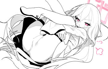 1girl blue_archive bottomless closed_mouth halo highres hugging_own_legs kei_(blue_archive) kei_(new_body)_(blue_archive) long_hair measho monochrome no_pussy pink_eyes pink_halo rectangular_halo ringed_eyes solo spot_color