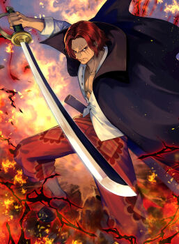 1boy absurdres beard black_cape black_footwear cape closed_mouth collarbone connected_beard fire furrowed_brow highres holding holding_sword holding_weapon male_focus one_piece pants pectoral_cleavage pectorals red_hair red_pants scar scar_across_eye scar_on_face shanks_(one_piece) sheath shirt short_hair solo sword teo_(telo_ruka) weapon white_shirt