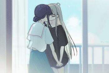 2girls ahoge black_shirt blush cho_kaguya-hime! closed_eyes commentary grey_hair hashtag-only_commentary highres holding_hands kaguya_(cho_kaguya-hime!) kiss long_hair multiple_girls sailor_collar sakayori_iroha sasagawa_yuki school_uniform serafuku shirt short_hair short_sleeves sidelocks white_sailor_collar white_shirt yuri