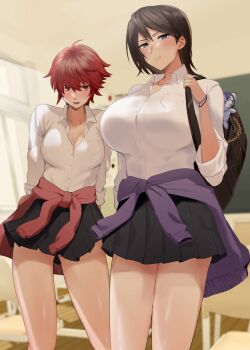 2girls alternate_costume angry bag bare_legs black_skirt blue_eyes blush breasts brown_bag brown_hair classroom cleavage clothes_around_waist commentary_request embarrassed fire_emblem fire_emblem:_path_of_radiance fire_emblem_fates gluteal_fold handbag highres hinoka_(fire_emblem) holding holding_bag huge_breasts indoors large_breasts messy_hair multiple_girls nintendo oyatsu_0 red_eyes red_hair shirt shirt_around_waist skirt tanith_(fire_emblem) thighs trait_connection white_shirt