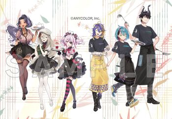 &gt;:) 3boys 3girls :d :q ;d ahoge aia_amare alternate_costume ankle_boots antenna_hair apron aqua_eyes arm_at_side aster_arcadia asymmetrical_footwear asymmetrical_horns asymmetrical_legwear beret black_apron black_boots black_bow black_gloves black_hair black_horns black_pants black_shirt black_shoes black_skirt black_thighhighs blonde_hair blue_eyes blue_hair blue_shoes bob_cut boots bow bowtie bracelet breasts claw_ring cleavage closed_mouth coffee collared_shirt contrast_collar copyright_notice creamer_(vessel) crew_neck cup curtained_hair dark-skinned_female dark_skin dress_shoes ear_piercing earrings eyepatch eyewear_strap floral_background fold-over_boots food footwear_bow full_body garter_straps glasses gloves gold_earrings gold_necklace hair_behind_ear hair_between_eyes hair_ornament half_gloves hand_on_own_hip hands_up hat hat_ribbon heart heart_ahoge heart_print high_ponytail holding holding_cup holding_ladle holding_menu holding_spatula holding_tray horizontal-striped_thighhighs horns iluna_(nijisanji) jewelry knees_together_feet_apart kyo_kaneko ladle large_breasts latte_art layered_sleeves legs_apart legs_together lineup long_hair long_hair_between_eyes long_sleeves looking_at_viewer maria_marionette mary_janes medium_hair menu miniskirt mismatched_legwear mole mole_on_breast mole_under_eye multicolored_bow multicolored_hair multicolored_shoes multiple_boys multiple_girls multiple_rings necklace nijisanji nijisanji_en official_art one_eye_closed one_eye_covered open_mouth pants parfait parted_bangs pendant piercing pink_bow pink_bowtie pink_eyes pink_hair pink_shirt pink_thighhighs plaid_clothes plaid_pants plaid_skirt plate pleated_skirt pointy_ears ponytail pouring print_apron puffy_short_sleeves puffy_sleeves purple_eyes purple_hair purple_nails purple_socks red_bow red_bowtie red_eyes red_nails red_shirt red_skirt ren_zotto ribbon ring round_eyewear sample_watermark saucer scarle_yonaguni see-through_clothes see-through_legwear shirt shoes short_hair short_over_long_sleeves short_sleeves short_twintails sideways_glance skirt smile sneakers snowflake_hair_ornament socks spatula standing standing_on_one_leg star_(symbol) star_hair_ornament star_print strawberry_parfait streaked_hair striped_background striped_clothes striped_shirt striped_thighhighs stuffed_animal stuffed_rabbit stuffed_toy t-shirt takashi_(huzakenna) teacup teapot thighhighs tongue tongue_out tray twintails two-tone_shoes uneven_footwear uneven_horns v-shaped_eyebrows vertical-striped_clothes vertical-striped_shirt vertical-striped_thighhighs very_long_hair virtual_youtuber w_arms waist_apron waiter waitress watermark white_background white_gloves white_hat white_shirt white_shoes white_skirt wristband yellow_apron yellow_eyes yellow_shoes
