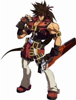 1boy 3d arc_system_works belt brown_hair fingerless_gloves gloves guilty_gear guilty_gear_xrd headband highres long_hair male_focus muscular official_art one_eye_covered ponytail sol_badguy solo sword weapon