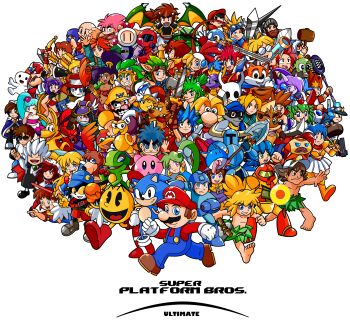 6+boys 6+girls a_hat_in_time absurdres armor asha_(monster_world) banjo-kazooie banjo_(banjo-kazooie) barefoot beard billy_hatcher billy_hatcher_and_the_giant_egg black_eyes black_hair blonde_hair blue_eyes blue_hair bomberman boomerang bow_(weapon) boxing_gloves breasts brown_eyes brown_footwear brown_gloves brown_hair carbon_crash castlevania_(series) celeste_(video_game) character_request cleavage closed_eyes colored_sclera commentary copyright_request crash_bandicoot crash_bandicoot_(series) crossover doukutsu_monogatari dynamite_headdy dynamite_headdy_(character) earrings english_commentary english_text facial_hair fangs flower freedom_planet furry furry_male galaxytrail ganbare_goemon gimmick! gloves goemon green_eyes green_hair hair_flower hair_ornament hat helmet highres holding holding_boomerang holding_bow_(weapon) holding_weapon hollow_knight jak_(jak_and_daxter) jak_and_daxter jewelry kaze_no_klonoa kazooie_(banjo-kazooie) kid_dracula kid_dracula_(game) kid_icarus kirby kirby_(series) klonoa knight_(hollow_knight) madeline_(celeste) mail_(popful_mail) marina_liteyears mario mario_(series) meat_boy mega_man_(series) metroid midriff mighty_switch_force! monster_world multiple_boys multiple_crossover multiple_girls mustache nintendo normal_suit_(metroid) open_mouth overalls pac-man pac-man_(game) patricia_wagon pink_hair pit_(kid_icarus) pointy_ears ponytail popful_mail popo_(ice_climber) power_suit_(metroid) purple_eyes purple_hair quote_(cave_story) rayman_(series) red_hair samus_aran sash_lilac sega shantae shantae_(series) shovel_knight shovel_knight_(character) sly_cooper sly_cooper_(series) smile sonic_(series) sonic_the_hedgehog spyro_(series) sunglasses super_meat_boy sword wario weapon white_bomberman white_gloves white_hair wonder_boy xbuster yellow_gloves yellow_sclera yooka yooka-laylee yuke_yuke!!_trouble_makers