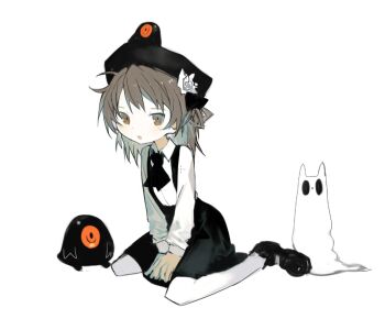 1girl ascot beret between_legs black_ascot black_hat black_skirt brown_eyes brown_hair collared_shirt colored_inner_hair commentary_request creature creature_on_head creature_request crossover cursor flower full_body grey_hair hair_flower hair_ornament hair_ribbon hair_rings hand_between_legs hat hatoba_tsugu kokaki_mumose long_sleeves looking_at_viewer mary_janes medium_hair multicolored_hair open_mouth own_hands_together pantyhose rain_world ribbon shirt shirt_tucked_in shoes simple_background sitting skirt slugcat smile solo suspender_skirt suspenders tsugu_(vtuber) v_arms virtual_youtuber wariza white_background white_flower white_pantyhose white_ribbon white_shirt