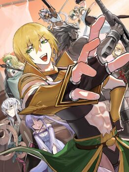 4girls 5boys argonauts_(fate) arm_up armlet armor asclepius_(fate) atalanta_(fate) backless_dress backless_outfit belt black_gloves black_hair blonde_hair blue_eyes bow_(weapon) bracelet breasts caenis_(fate) caenis_(second_ascension)_(fate) castor_(fate) cleavage dark-skinned_female dark-skinned_male dark_skin dress fate/grand_order fate_(series) fingerless_gloves floating gloves gradient_hair green_hair hair_between_eyes hand_on_own_hip heracles_(fate) highres holding holding_bow_(weapon) holding_weapon jason_(fate) jewelry long_hair looking_at_another looking_at_viewer looking_to_the_side medea_(fate) medea_lily_(fate) multicolored_hair multiple_boys multiple_girls muscular muscular_female off-shoulder_dress off_shoulder pollux_(fate) purple_eyes red_gloves sail shanaoh short_hair sidelocks sitting spiked_arm standing theseus_(fate) very_long_hair weapon white_hair