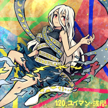 1girl armpits bare_shoulders black_dress blue_background blue_dress breasts character_name closed_mouth colorful_background commentary_request crescent crescent_print dress feet_out_of_frame fingernails fossilized_wonders gradient_clothes gradient_dress green_background hair_between_eyes hand_up long_hair long_hair_between_eyes looking_at_viewer medium_breasts meimaru_inuchiyo numbered red_background red_eyes ribbon_around_body sitting sleeveless sleeveless_dress snake solo square_print star_(symbol) star_print torn_clothes torn_dress touhou triangle_print white_hair yellow_background yuiman_asama