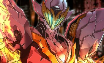 Rule 34 | absurdres, blurry, blurry background, cqcq06, facing viewer, fire, highres, honkai: star rail, honkai (series), mecha, mecha focus, no humans, outline, portrait, robot, sam (honkai: star rail), solo, underlighting