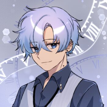 1boy blue_eyes blue_hair blue_shirt closed_mouth collared_shirt commentary ear_piercing english_commentary grey_vest hair_between_eyes highres looking_at_viewer male_focus mole mole_on_neck original parted_bangs piercing ryuuxin shirt short_hair smile solo upper_body vest