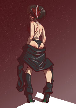 1girl absurdres ass bluelikethevoidarts boots brown_hair feathers high_heel_boots high_heels highres reverse:1999 schneider_(reverse:1999) short_hair simple_background solo undressing