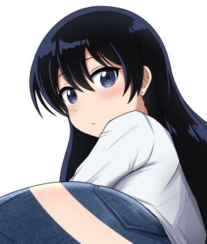1girl arato_nagi ass black_hair blue_eyes blush canadiananiguy denim earrings expressionless eyelashes hair_behind_ear jeans jewelry long_hair looking_at_viewer pants pocket ruri_no_houseki shirt simple_background very_long_hair