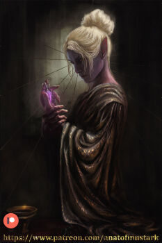 Rule 34 | 1girl, anato finnstark, baldur's gate, baldur's gate 3, blonde hair, brown robe, chalice, colored skin, cup, dark elf, dungeons & dragons, dungeons &amp; dragons, elf, from side, glowing, hair bun, highres, holding, holding vial, looking at viewer, minthara, paid reward available, painterly, patreon logo, patreon username, pointy ears, purple skin, realistic, red eyes, robe, short hair, single hair bun, solo, upper body, vial, watermark, web address, wide sleeves