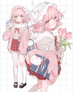 1girl :o absurdres bag black_shoes blunt_bangs bonnet bow bowtie buttons cardigan closed_mouth commentary double-breasted drink_carton flower frilled_skirt frills full_body green_eyes grey_outline grey_shirt grid_background highres holding holding_flower holding_milk_carton kneehighs long_sleeves looking_at_viewer milk_carton multiple_views najimaru off_shoulder open_cardigan open_clothes open_mouth original outline pink_cardigan pink_flower pink_hair pink_tulip plaid_clothes plaid_skirt pleated_skirt red_bow red_bowtie red_skirt ribbon sailor_collar school_bag school_uniform serafuku shirt shoes short_hair skirt socks standing tulip twitter_username white_background white_bonnet white_ribbon white_sailor_collar white_socks