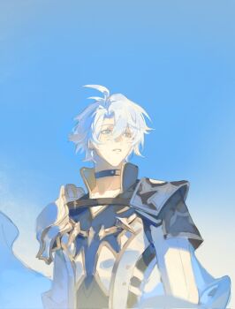 Rule 34 | 1boy, armor, black choker, blue cape, cape, choker, collared shirt, commentary, floating cape, hair between eyes, highres, honkai: star rail, honkai (series), hsgbjisuw, long sleeves, looking to the side, male focus, original, parted hair, parted lips, pauldrons, phainon (honkai: star rail), popped collar, shirt, short hair, shoulder armor, sideways glance, solo, untranslatable commentary, upper body, v-neck, white hair